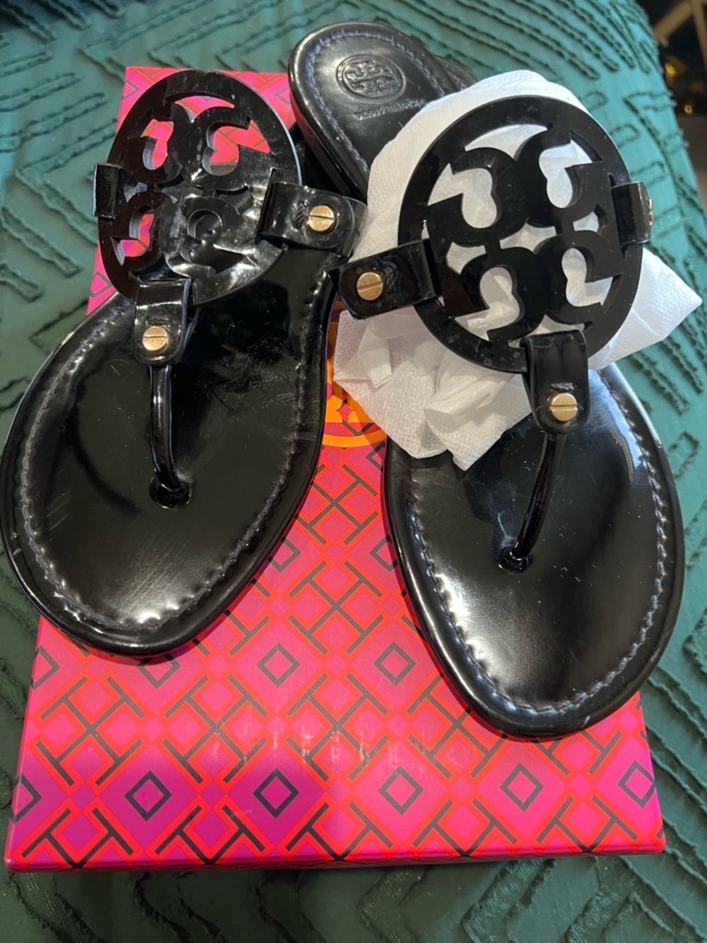 Tory Burch Black Patent Miller Logo Thong Sandals